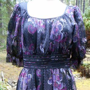 eSHAKI Black & Purple Floral Sheer Poly Long Dress. Boat Neck. Balloon Sleeves-S